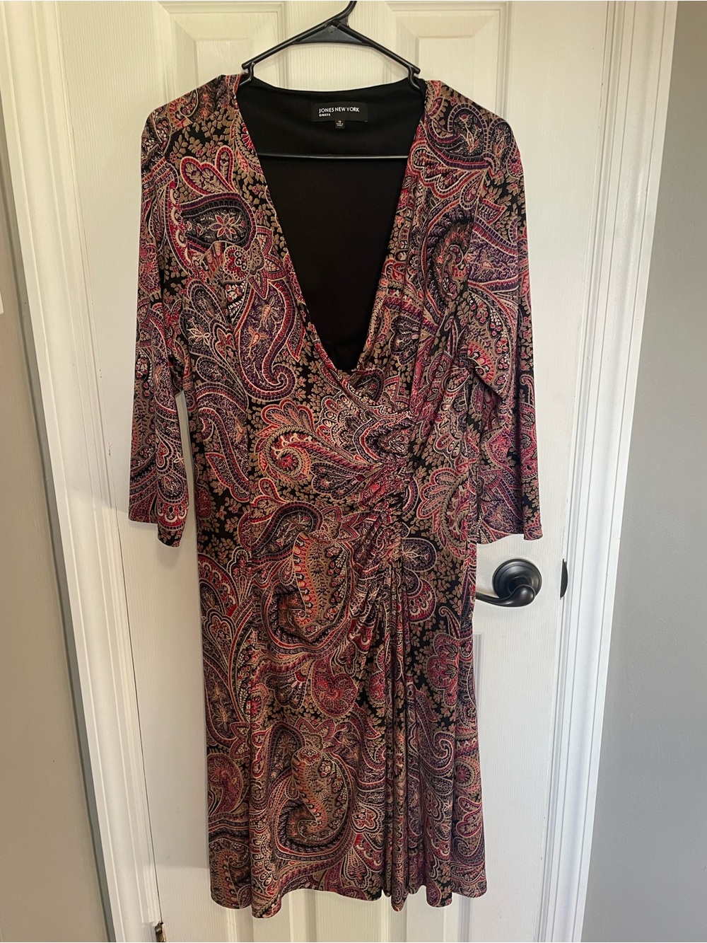 Jones New York Black with Pink Paisley Long-Sleeve Wrap Dress